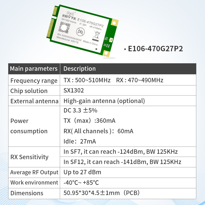 Ebyte E106 Series LoRaWAN Gateway Module SX1302 433/470/868/915MHz 27dBm RF Modules Half-duplex Built-in PA LNA Higher-speed