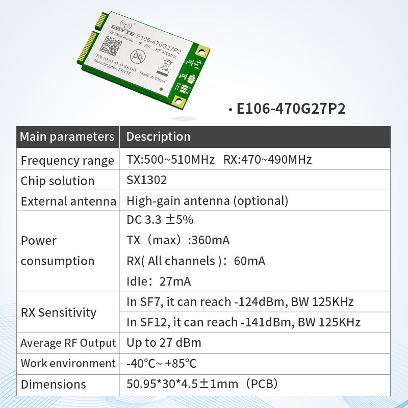 Ebyte E106 Series LoRaWAN Gateway Module SX1302 433/470/868/915MHz 27dBm RF Modules Half-duplex Built-in PA LNA Higher-speed
