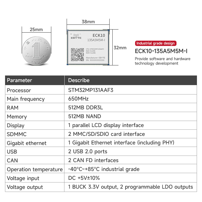 EBYTE ECK10-135A5M5M-I STM32MP13 System ARM cortex A7 650MHz Linux SOM  512MB DDR3 512MB NAND FLASH Low Power PCB Stamp Hole