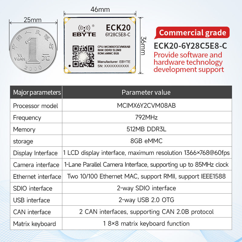 Ebyte ECK20-6Y28C series IMX6ULLBTB 256MB/512MB 512MB/8GB 792MHz Embedded Core Board MPU Design Dual Ethernet Support Linux Industrial Grade single-board computers