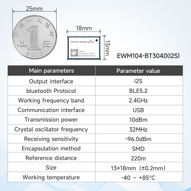 Ebyte EWM104-BT3040(I2S) QCC3040 Chip LDAC APTX-HD APTX 220m BLE Audio Transmission Module BLE5.1/BLE5.2 Audio Module