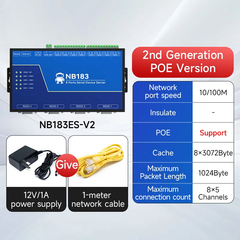 Ebyte NB183ES-V2 RS485/RS232 Second Generation 8-port Serial Server Modbus TCP/IP Protocol Stack Serial Port to Ethernet Port