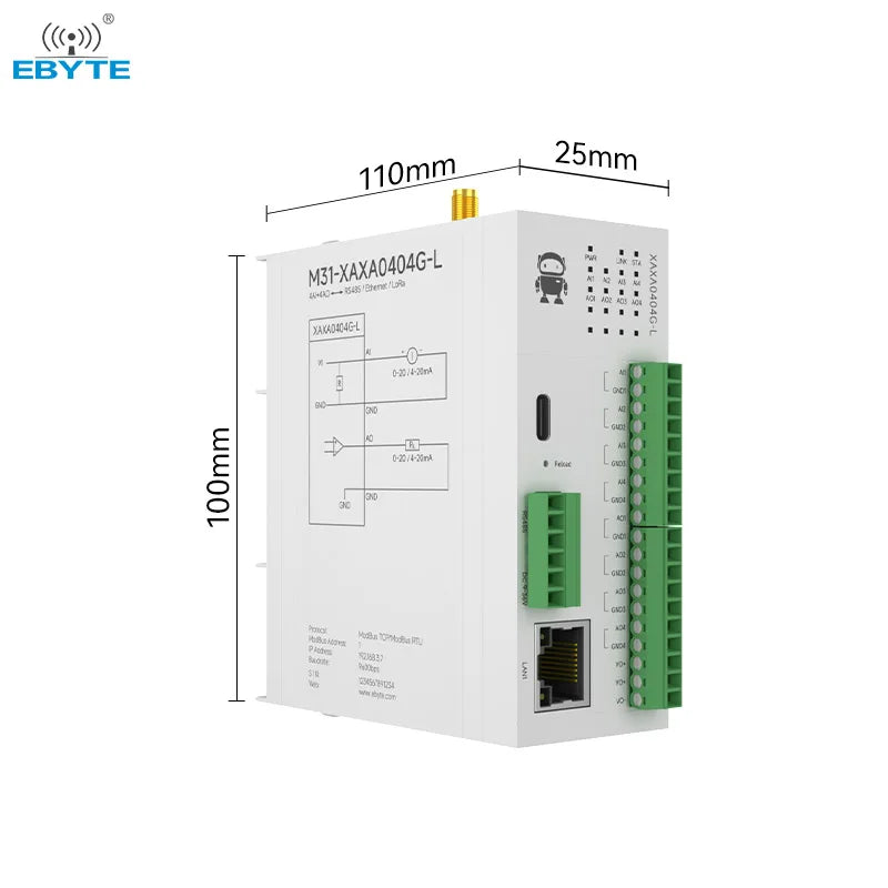 Ebyte M31-XAXA0404G-L Modbus RTU control LoRa host 4AI+4AO LoRa RJ45 RS485 interface Distributed wireless remote IO module