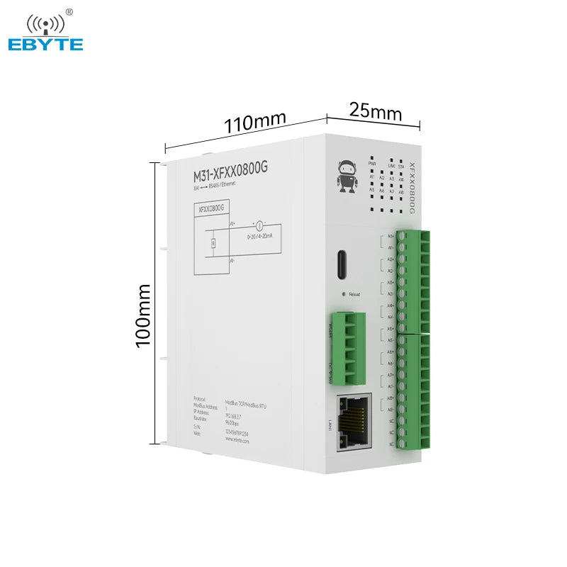 Ebyte 8AI differential current M31-XFXX0800G host Support Modbus TCP/RTU RJ45/RS485 Distributed remote IO wireless module