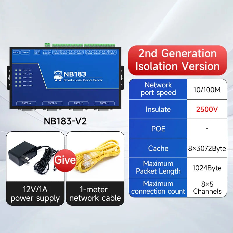 Ebyte NB183-V2 Second Generation 8-port Serial Server Modbus TCP/IP Protocol Stack Serial Port to Ethernet Port Transmission
