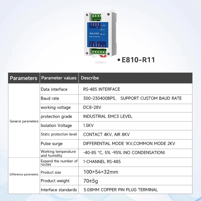 Ebyte E810-R11 1-channel RS-485 to 1-channel RS485 Isolated Repeater Industrial Grade RS485 Hub Optoelectronic Isolation 1.5KV