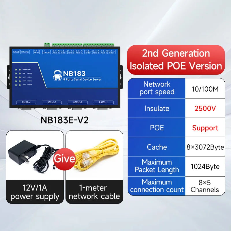 Ebyte NB183E-V2 RS485/RS232 Second Generation 8-port Serial Server Modbus TCP/IP Protocol Stack Serial to Ethernet Port