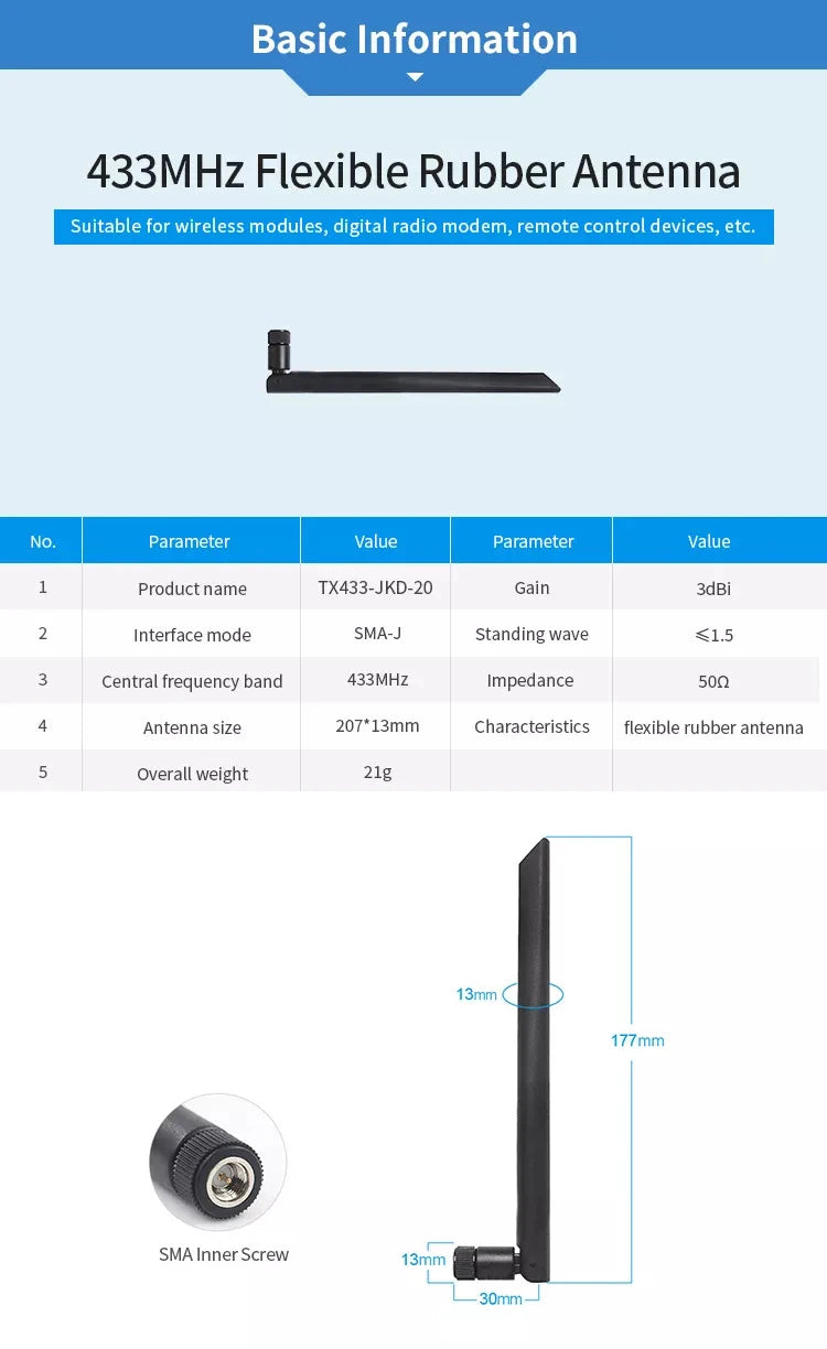 TX433-JKD-20 433Mhz straight rubber antenna communication 3dBi high gain TPEE waterproof antenna