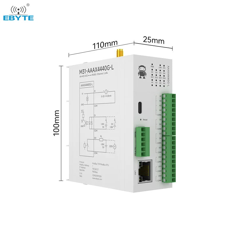 Ebyte M31-AAAX4440G-L Modbus RTU control LoRa host 4DI+4AI+4DO LoRa RJ45 RS485 interface Distributed wireless remote IO module