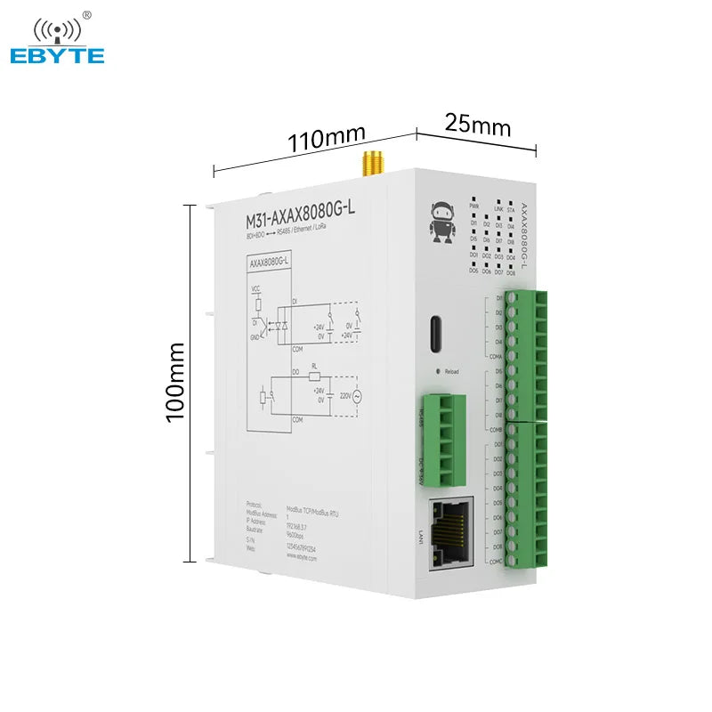 Ebyte M31-AXAX8080G-L Control and acquisition Modbus RTU control LoRa host 8DI+8DO RJ45 RS485 Distributed remote IO module