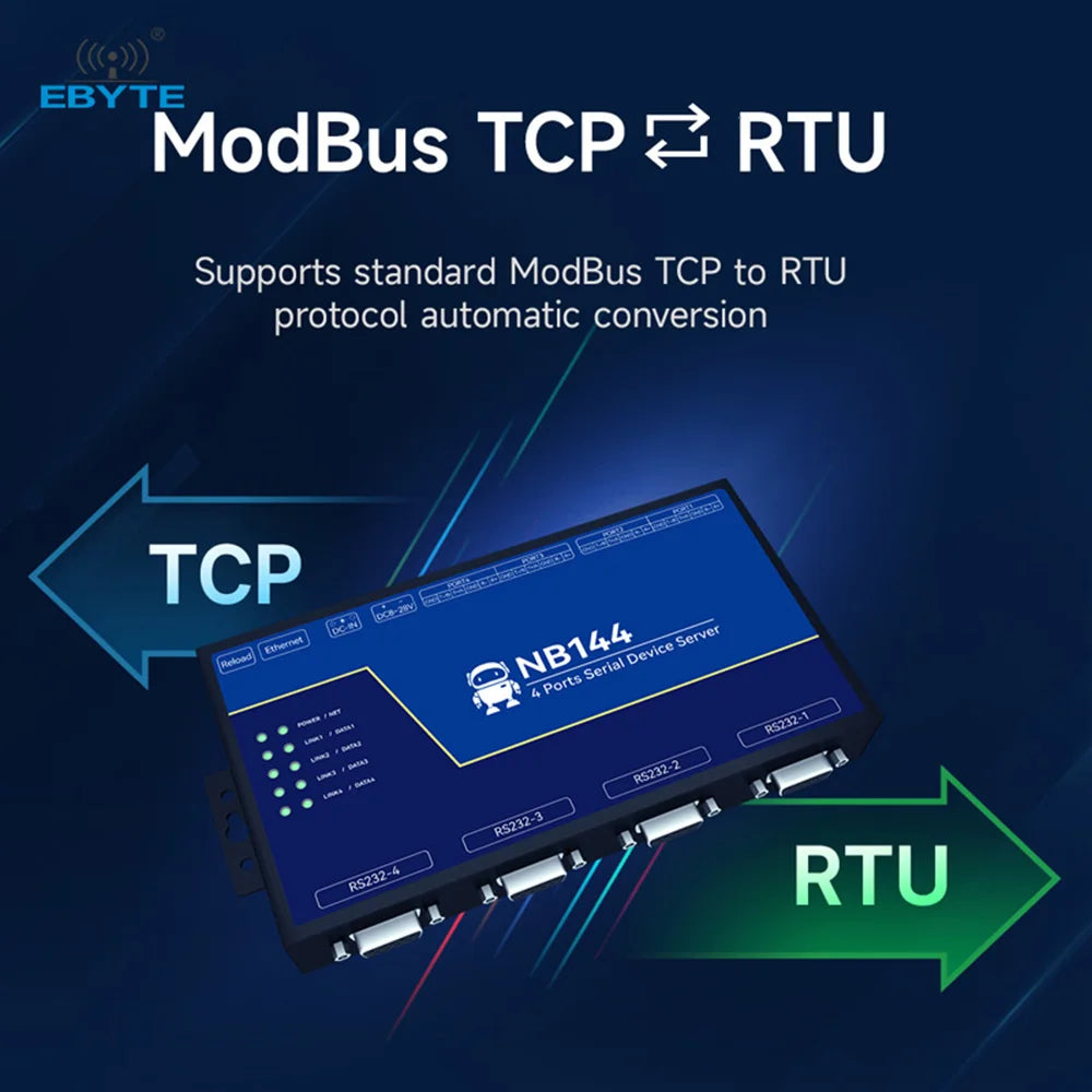 Ebyte NB144 Series Industrial Grade Ethernet 4-channel Serial Server RS485/RS232/RS422 Edge Computing Gateway ModBus Gateway