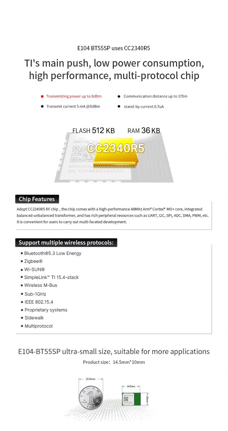 $0.1 Buy 2 (Limit 2)! Pay Shipping Only to Buy E104-BT55SP TI Prix CC2340 chip module transceiver BLE 5.3 beacon ibeacon UART Serial port to 2.4GHz Ble bluetooth module