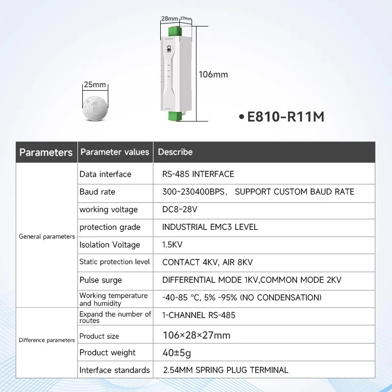Ebyte E810-R11M 1-way RS-485 to 1-way RS485 Small Size Isolated Repeater HUB EMC Level 3 Standard Optoelectronic Isolation
