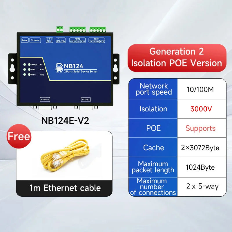 Ebyte NB124 Series Industrial 2-Channel Serial Servers Generation 2 RS485/RS422/RS232 TCP/IP Modbus Serial Port to Ethernet Port