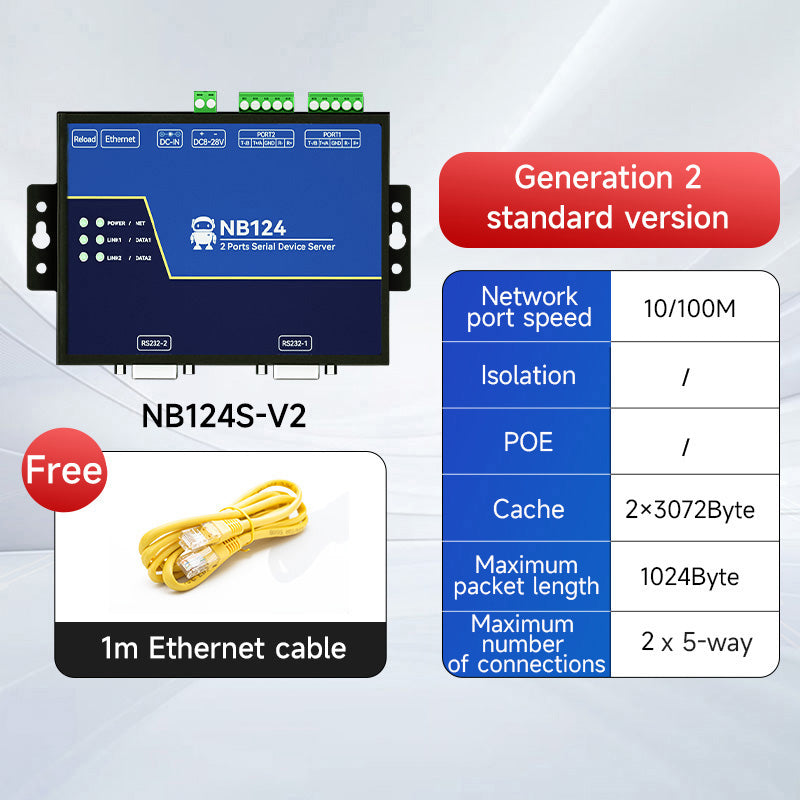 Ebyte NB124 Series Industrial 2-Channel Serial Servers Generation 2 RS485/RS422/RS232 TCP/IP Modbus Serial Port to Ethernet Port