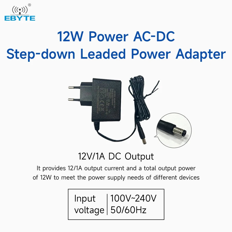 Ebyte GQ12-120100-HG 12W Power AC-DC 12V/1A Step-down Leaded Power Adapter 100V-240V Overcurrent Short-Circuit Protection Power Supply