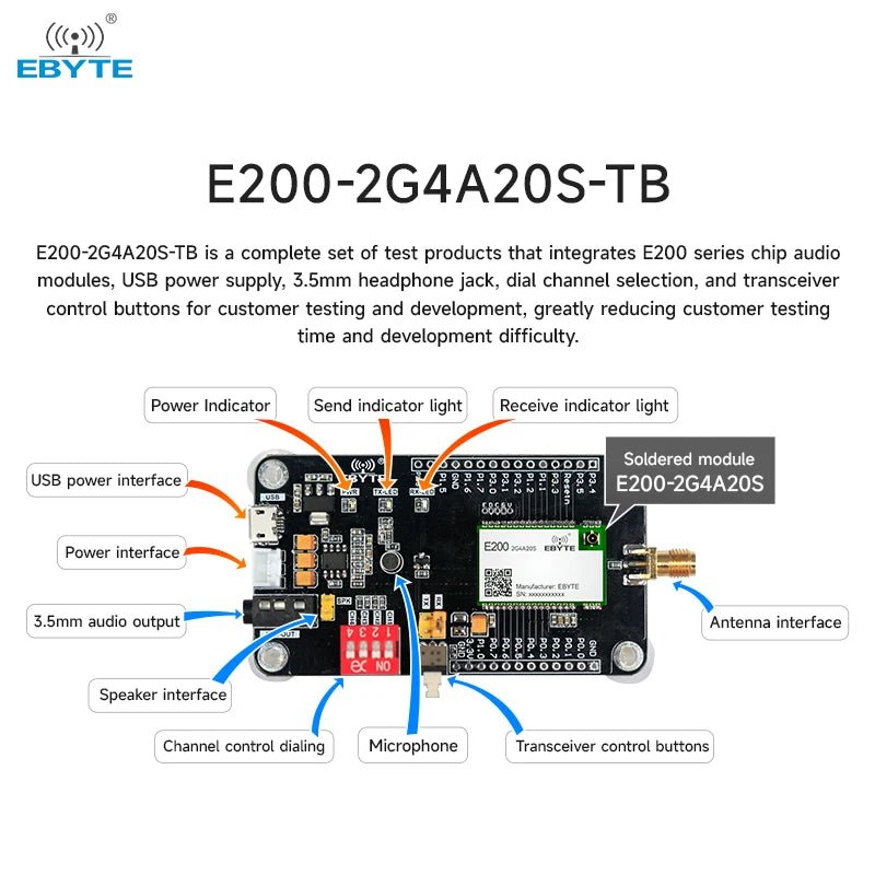 E200 - 2G4A20S - TB long - distance real - time voice communication wireless audio transmission module development board USB interface - IOT Module Shop Manufacturer Factory