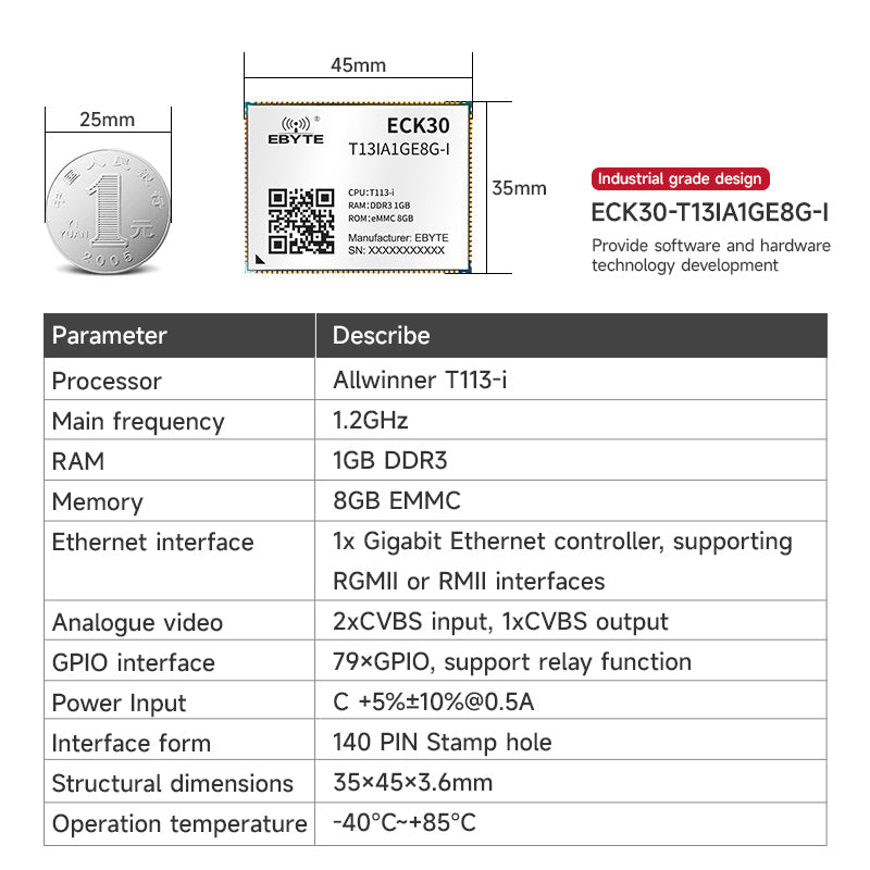 Ebyte ECK30 - T13IA1GE8G - I 1.2GHz 8GB for industrial control HMI IoT T113 - i processor Industrial - grade embedded core board - IOT Module Shop Manufacturer Factory