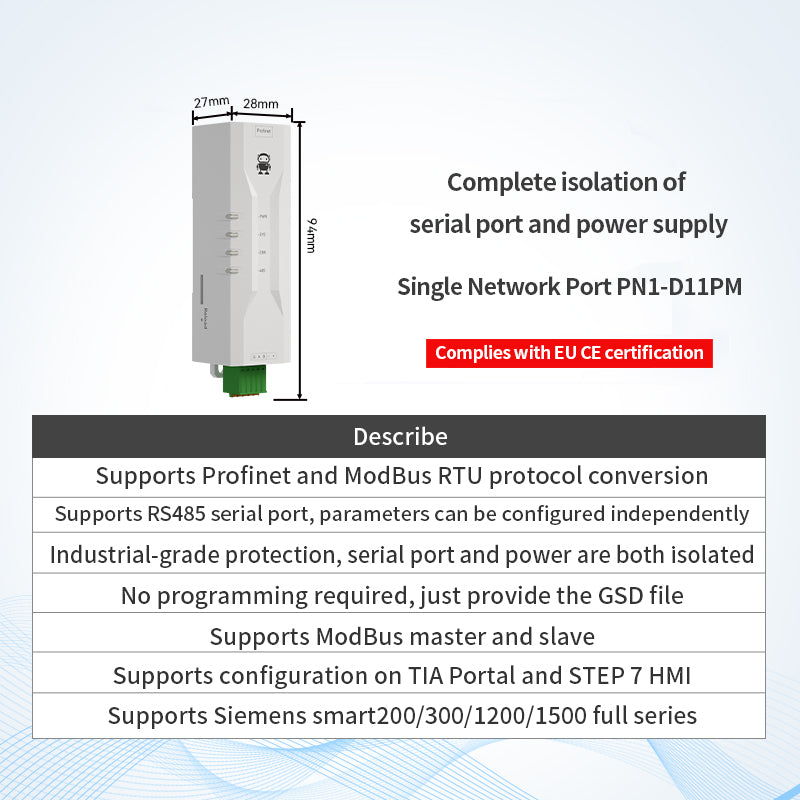Ebyte PN1 Series RS485+RS422+RJ45 ProfiNet to ModBus Gateway RTU Single-port and Dual-port Profinet Gateway EU CE Certification Applicable to Siemens PLC