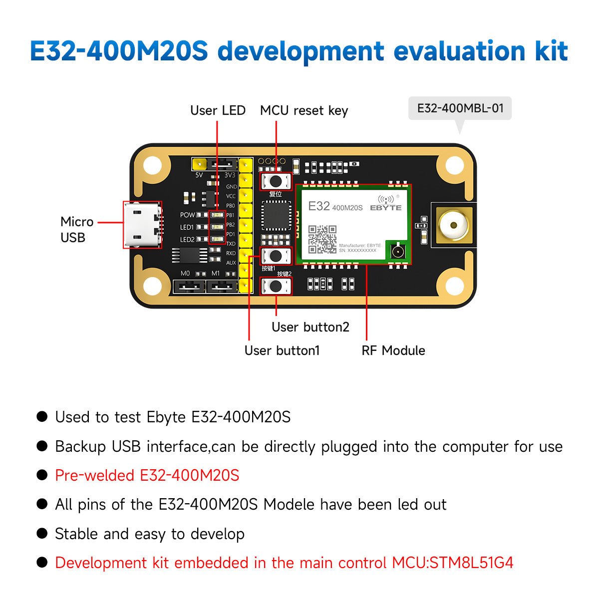 Test Board CDEBYTE E32 - 400MBL - 01 for E32 - 400M20S Development Evaluation Kit Backup USB Interface Main Control MCU STM8L151G4 - IOT Module Shop Manufacturer Factory