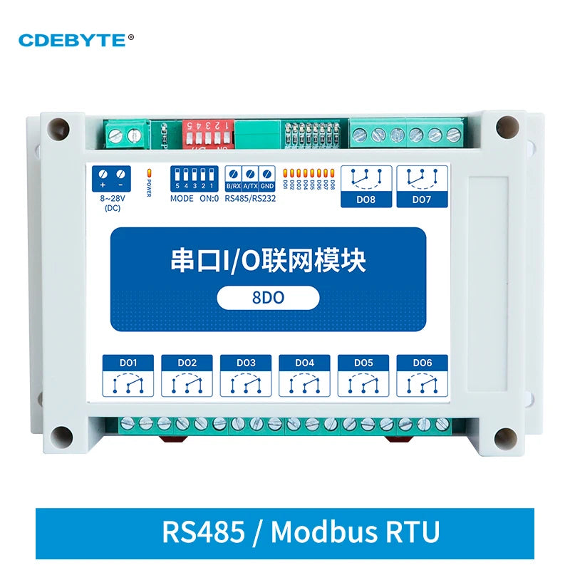 ModBus RTU Serial IO Module RS485 Interface 8DO 8 Digital Outputs  Rail Installation 8~28VDC CDEBYTE MA01-XXCX0080