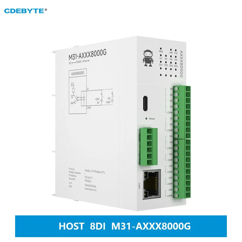 8DI verteiltes Remote-IO-Modul RS485 RJ45 Analogschaltererfassung CDEBYTE M31-AXXX8000G Hostmodul Modbus freies Spleißen 