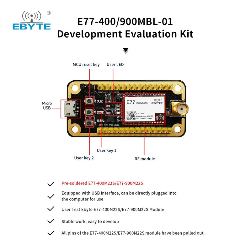 Плата для тестирования разработки STM32 CDEBYTE E77-900MBL-01 Предварительно припаянный модуль LoRa E77-900M22S USB-интерфейса с антенной