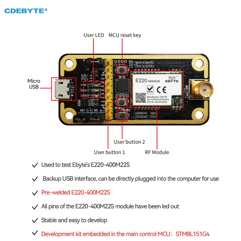 Test Board E220-400MBL-01 E220-400M22S Development Evaluation Kit USB Interface to TTL Easy Use Main Control MCU STM8L151G4
