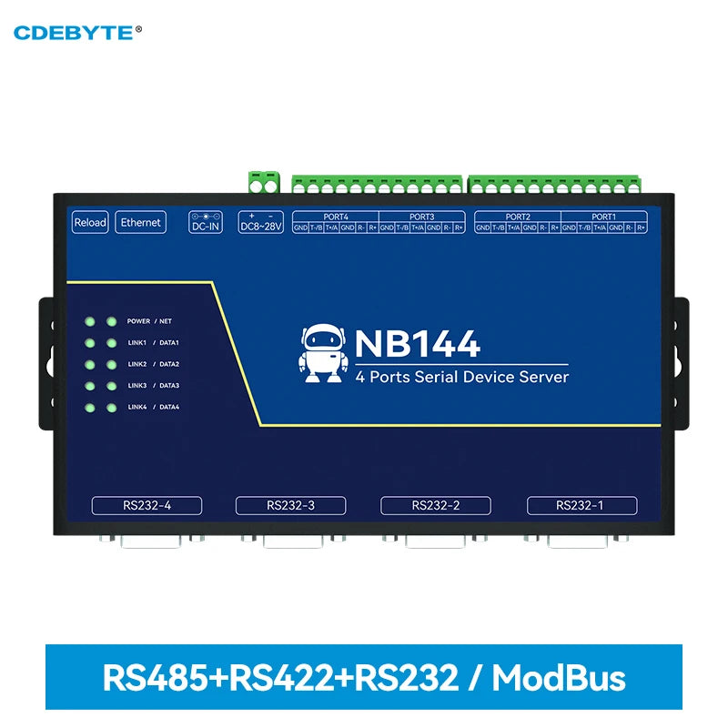 Изолированный 4-канальный последовательный сервер RS232/422/485 RJ45 Шлюз Modbus CDEBYTE NB144E Прием мощности POE TCP/UDP/MQTT 8–28 В постоянного тока NB144E