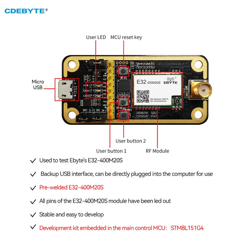 Test Board CDEBYTE E32-400MBL-01 for E32-400M20S Development Evaluation Kit Backup USB Interface Main Control MCU STM8L151G4