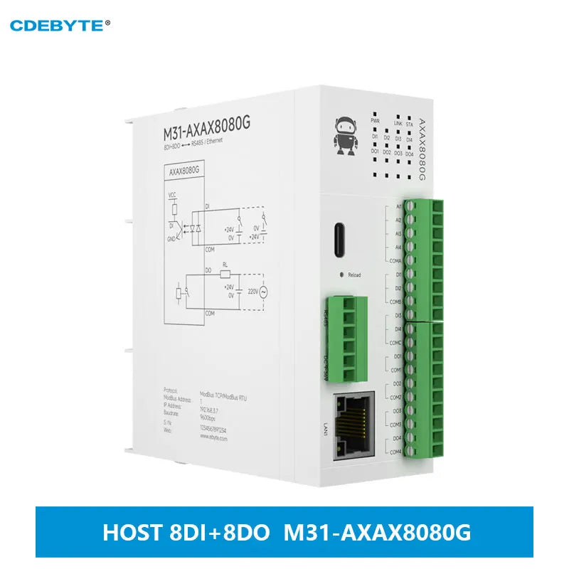 8DI+8DO Distributed Remote IO Module CDEBYTE M31-AXAX8080G Host Module Analog Switch Acquisition Free Splicing Modbus TCP/RTU