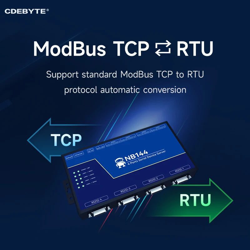 Isolated 4-Channel Serial Server RS232/422/485 RJ45 Modbus Gateway CDEBYTE NB144E POE Receiving Power TCP/UDP/MQTT DC 8-28V NB144E
