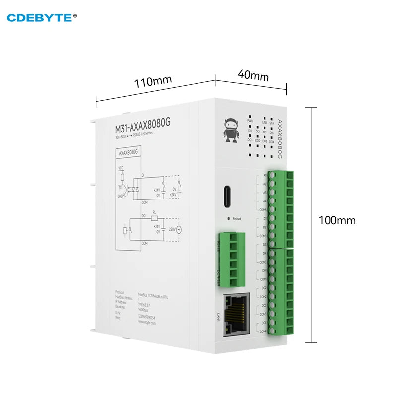 8DI+8DO Verteiltes Remote-IO-Modul CDEBYTE M31-AXAX8080G Host-Modul Analogschaltererfassung Kostenloses Spleißen Modbus TCP/RTU 