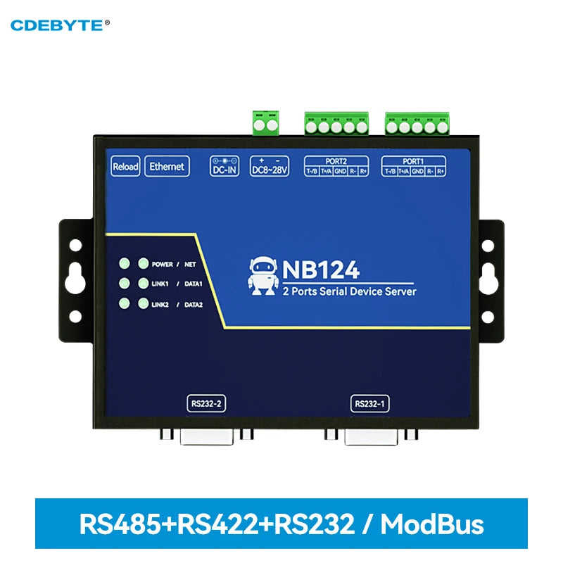 Isolated 2-Channel Serial Server RS232/422/485 RJ45 Modbus Gateway CDEBYTE NB124 TCP/UDP/MQTT AT Command Build-in Watchdog NB124