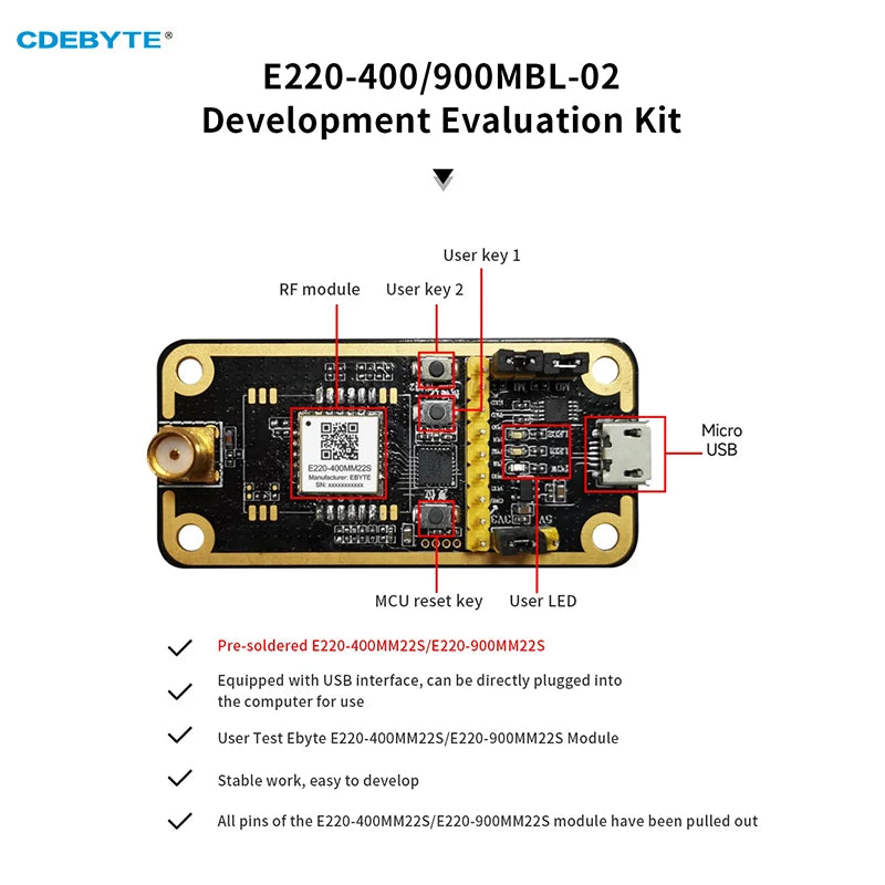 Плата для тестирования модуля LoRa LLCC68 CDEBYTE E220-400MBL-02 Предварительно припаянный E220-400MM22S Комплект для тестирования USB-интерфейса с антенной