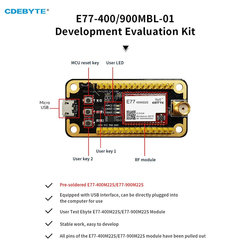 Плата для тестирования разработки STM32 CDEBYTE E77-400MBL-01 Предварительно припаянный модуль LoRa E77-400M22S с USB-интерфейсом и антенной