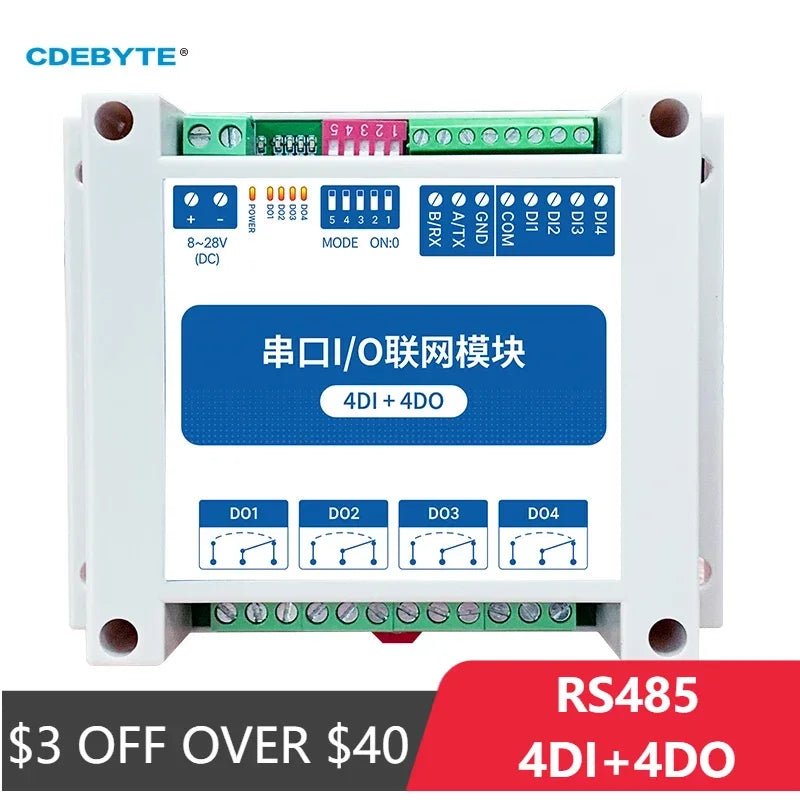 EBYTE MA01 - AXCX4040 ModBus RTU Serial IO Module RS485 Interface 4DI+4DO 4 Digital Outputs Rail Installation 8~28VDC - IOT Module Shop Manufacturer Factory